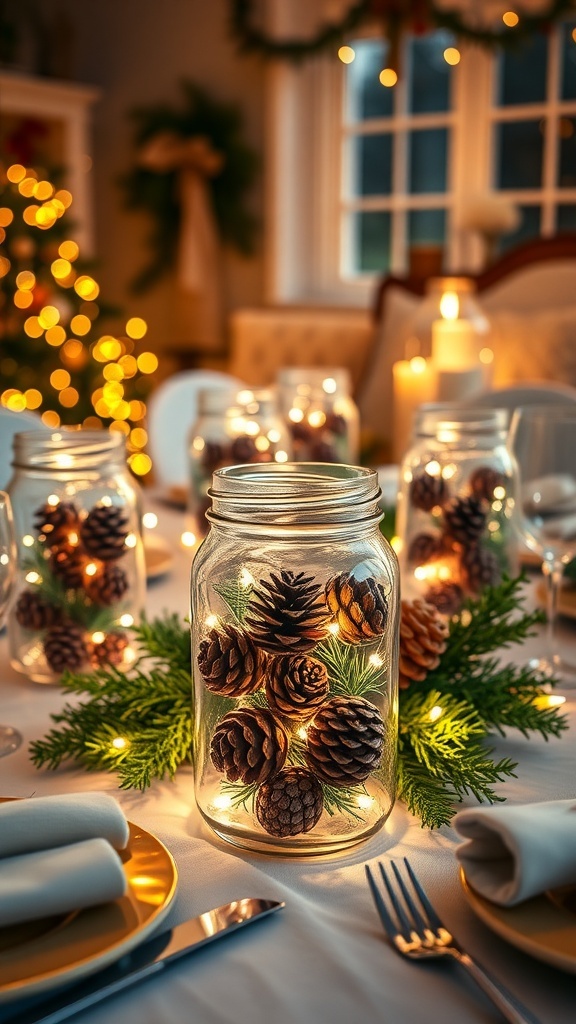 Christmas table with mason jar decorations filled with pinecones and lights, creating a festive atmosphere.